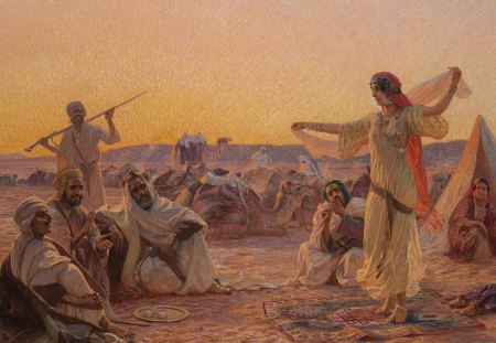 Oriental dance by Otto Pilny - desert, people, evening, girl, beauty, man, music, instrument, oriental dance, painting, woman, art, otto pilny