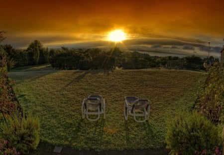 fantastic view of the glory of nature - chairs, clouds, backyard, trees, sunset, grass