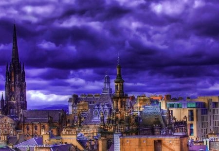 colorful city rooftops hdr - cathedral, storm, clouds, roofs, hdr, city