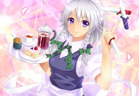 Anime girl - anime, blue, food, girl, gem, sweets, tea, pink, manga, white, touhou, red, green, cute, cake