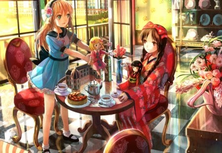 Childhood world - sweets, strawberry, childhood world, game, table, anime, interior, kimono, cute, manga, couple, girl, tea, original, fruit, vase, cake, doll, play, red, blue, pink, ood, flower, dress