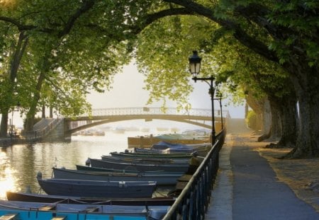 PARK ALLEY - trees, water, setting, creek, city, boats, river, nature, peaceful, bridge, lamps