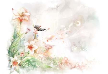 Among the Flowers - flowers, fantasy, art, lady