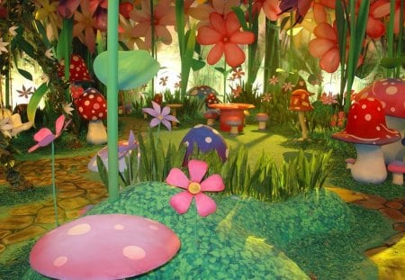 Garden Fantasy - mushrooms, flowers, fantasy, garden