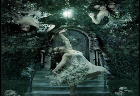 Night Fairies - art, night, fairies, garden, lamplight, archway