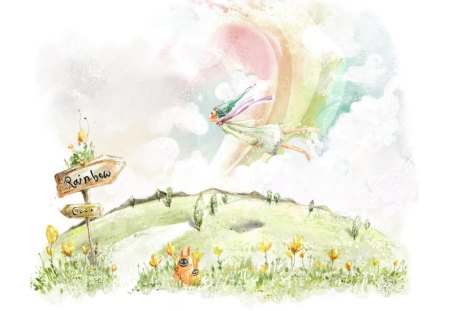 Rainbow Flight - sign, lady flying, rainbow, garden, art