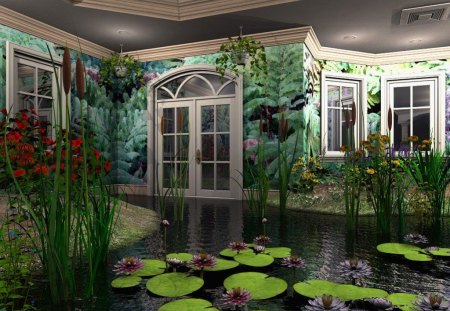 The Greenhouse - abstract, water, windows, flowers, door, nature, lily pads, green, greenhouse, plants, cattails, indoor