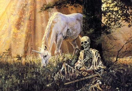 The Vanquished Cavalier - cavalier, dead, fantasy, unicorn