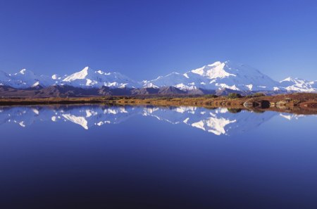 The beauty reflection of the mountain in the blue lake  - of, blue, in, beauty, lake, the, reflection, mountain