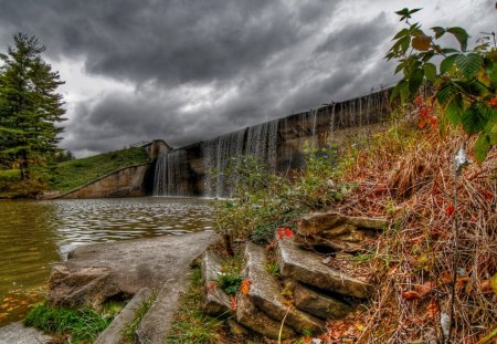 falls over a dam hdr - clouds, trees, falls, hdr, rocks, dam