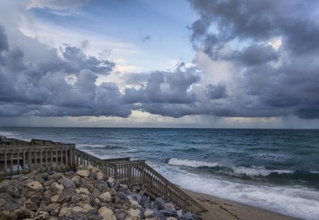 wooden steps down to the beach - clouds, wooden, beach, sea, steps, rocks