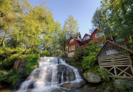 beautiful waterfalls by a red house - house, waterfalls, trees, cliff, shed