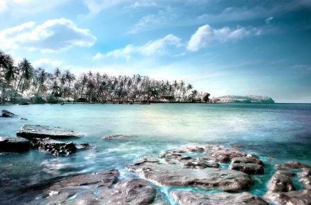 âœ°Parallel of Paradiseâœ° - beaches, sky, places, trees, paradise, photography, creative pre-made, rocks, koh kood, cool, clouds, waterscapes, splendid, parallel, landscapes, stone, magnificent, summer, stunning, plants, bright, seas, infrared, customization, thailand, beautiful, seasons, scenery, colors