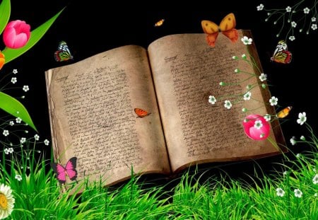 âœ°Butterflies in Springtimeâœ° - photomanipulation, trees, animals, wings, colorful, tulips, antique, book, spring, pretty, digital art, vintage, grass, cute, butterflies, love, lovely, plants, flutter, bright, butterfly, beautiful, leaves, seasons, splendor, sweet, butterfly designs, colors, flowers