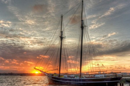 Sunset - cloud, ship, sunset, sea