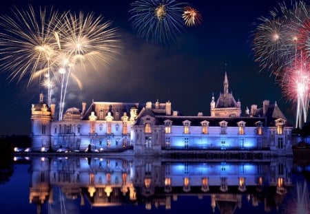 fireworks above a palace on a lake - lake, reflection, fireworks, lights, palace