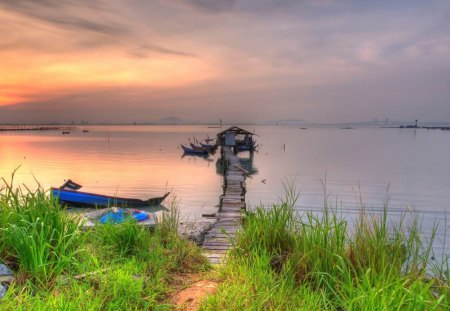 pier on the bay at sundown - pier, sundown, boats, shore, bay