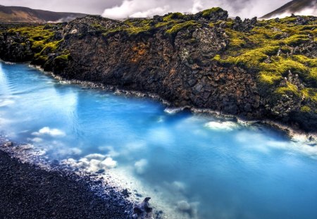 a stream from the thermal fields in iceland hdr - thermal, blue, fields, hdr, moss, stream, rocks