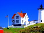 blue sky over american lighthouse