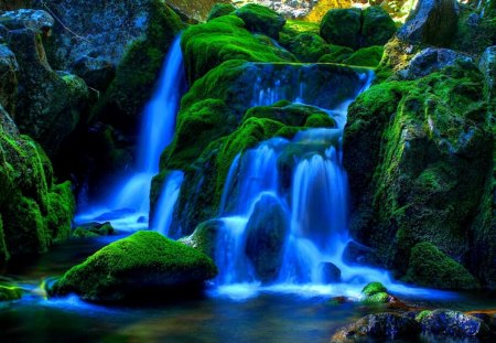 Waterfalls - blue water, water, moss, rocks