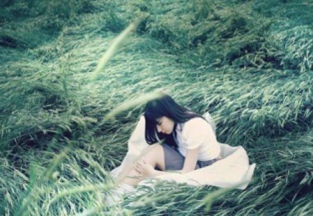 Gloomy spring - models, girl, gloomy, beautiful, afternoon, grass, spring, dress