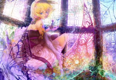 ~Butterfly Queen~ - web, colorful, vocaloid, fantasy, anime, beautiful, rin kagamine, butterflies