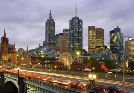 Melbourne, Australia - highrises, traffic, city, bridge, skyscrapers