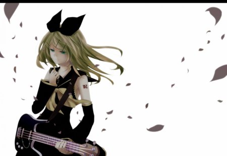 ~Hear Me~ - guitar, vocaloid, anime, rin kagamine, black dress, petals, blue eyes