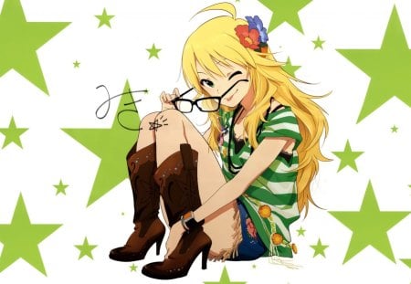 ~Idolmaster~ - glasses, girl, long hair, idolmaster, boots, green stars, pretty, anime, wink, flowers, blonde