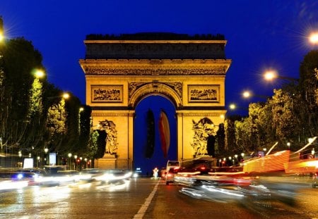 lights at the arc de triomphe in paris - city, monument, street, lights