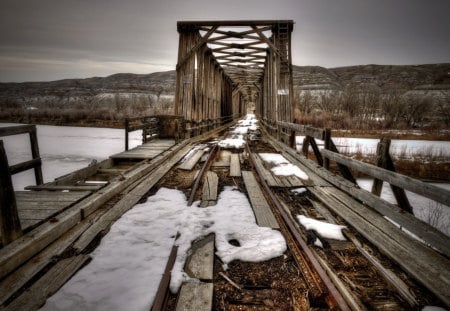 old railroad bridge hdr - wood, river, tracks, hdr, old, bridge