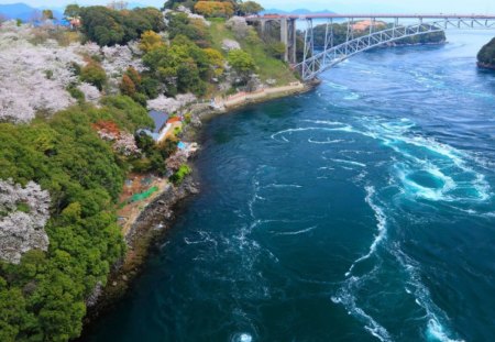 wonderful bridge over rushing waters - wallpaper, foam, cliffs, flowing, bridge, river, oceans, new, bridges, nature