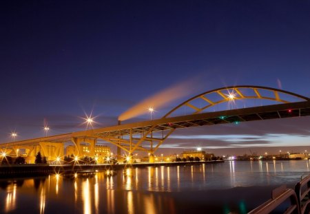 bridge at night - river, smoke, chimney, night, bridge, lights