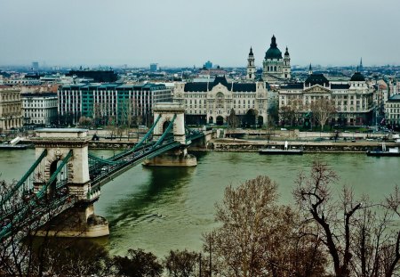 fantastic old world bridge and city - city, bridge, trees, river