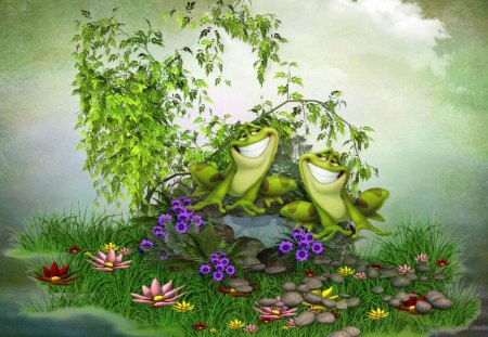 Frogs a Courtin - cartoon, yellow, grass, pink, flowers, purple, mist, sky, clouds, frogs, abstract, trees, courting, rock, love, green, cute