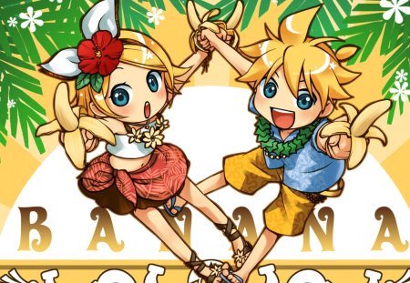 Banana Time!!! - rin and len kagamine, cute, vocaloid, blonde, bananas, colorful