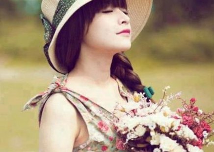 Spring joyness - flowers, pretty, nature, dress, girl, joyness, spring