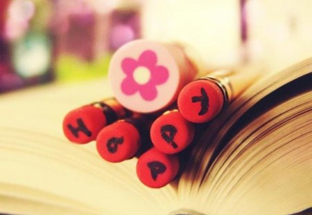 Happy - flowers, mood, five, red, book, words, pencil, happy