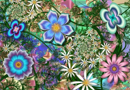 **Springtime in the Garden** - summer, cute, blossom, fractal art, leaves, amazing, wings, bloom, bright, light, leaf, wonderful, florals, colorful, glow, pretty, cool, beauty, flowers, spring, buds, pollen, incredible, digital art, raw fractals, fabulous, garden, butterflies, petals, butterfly, lovely, colors