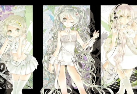 Megurine, Rin & Hatsune - hatsune miku, white outfits, rin kagamine, vocaloid, megurine luka, headphones, anime