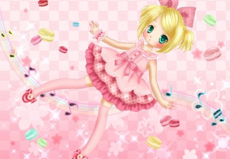 ~Sugar & Spice~ - anime, vocaloid, blonde, green eyes, rin kagamine, musical notes, girly, cute, pink dress