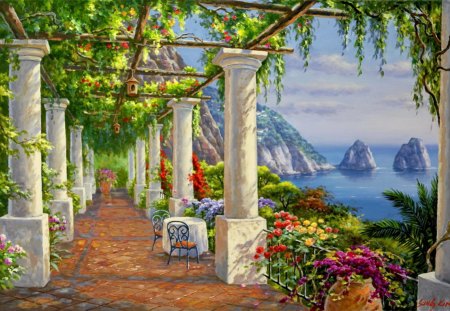 Sea view - nice, seaside, terrace, greenery, water, bay, spring, rocks, painting, view, art, pretty, architecture, paintings, coastal, landscapes, attractions in dreams, lake, boats, villages, summer, lovely, nature, arch, love four seasons, beautiful, flowers, sea