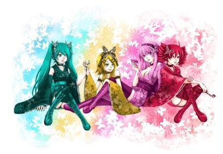 ~The Girls Club~ - pretty, anime, vocaloid, butterflies, hatsune miku, flowers, girls, group, colorful, rin kagamine, megurine luka