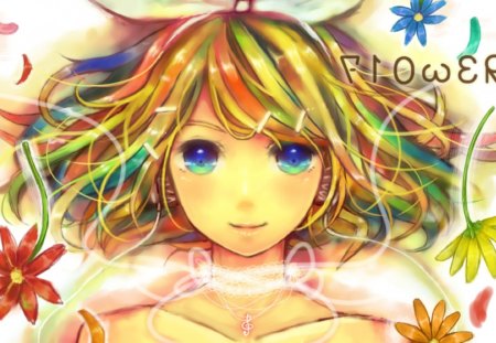 Rin's Flowers - rin kagamine, pretty, vocaloid, petals, colorful, anime, flowers