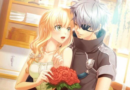 Roses 4 U Honey - pretty, female, romantic, romance, happy, blond, nice, eyepatch, hot, beauty, love, flower, bouquet, ice, cute, floral, sexy, anime, blonde, guy, blond hair, long hair, boy, male, short hair, hug, anime girl, beautiful, girl, blonde hair, lovely, sweet, handsome, lover, couple