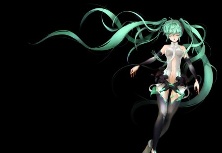 Lost in the Song - female, hot, superstar, singer, simple, anime girl, black, dark, idol, anime, miku, cute, hatsune miku, sexy, girl, twintails, long hair, hatsune, vocaloids, vocaloid, plain, green hair, diva