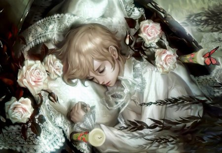 Fallen Roses - cg, lady, fantasy, rose