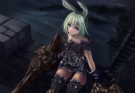 Usa Warrior - sexy, hot, girl, female, anime girl, black, armor, ears, dark, anime, weapon, green hair, cute, short hair