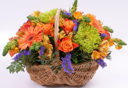 Basket of flowers - basket, white, purple, green, rose, spring, orange, flower