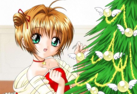 Sakura Kinomoto - wings, anime girl, elegant, card captor sakura, divine, christmas tree, sakura, beautiful, cardcaptor sakura, sweet, dress, happy, nice, beauty, female, brown hair, gorgeous, pretty, anime, ornaments, cute, short hair, ice, girl, cardcaptor, lovely, sakura kinomoto, christmas, green eyes, kawaii, merry christmas, wing, smile